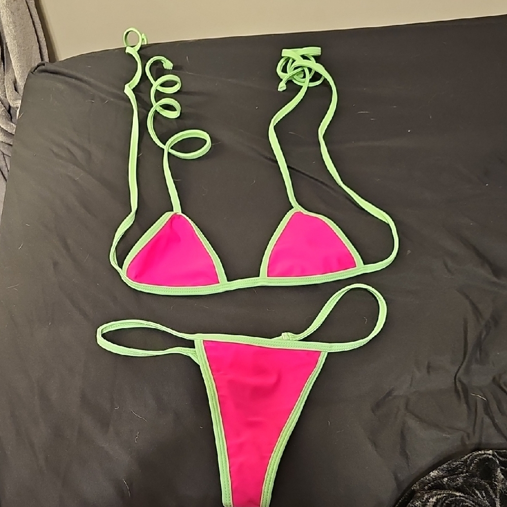 Tinye Pink Triangle Bikini with Lime Trim